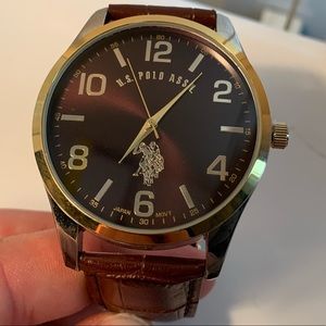 US Polo Assn Gold Tone & Brown Strap Watch